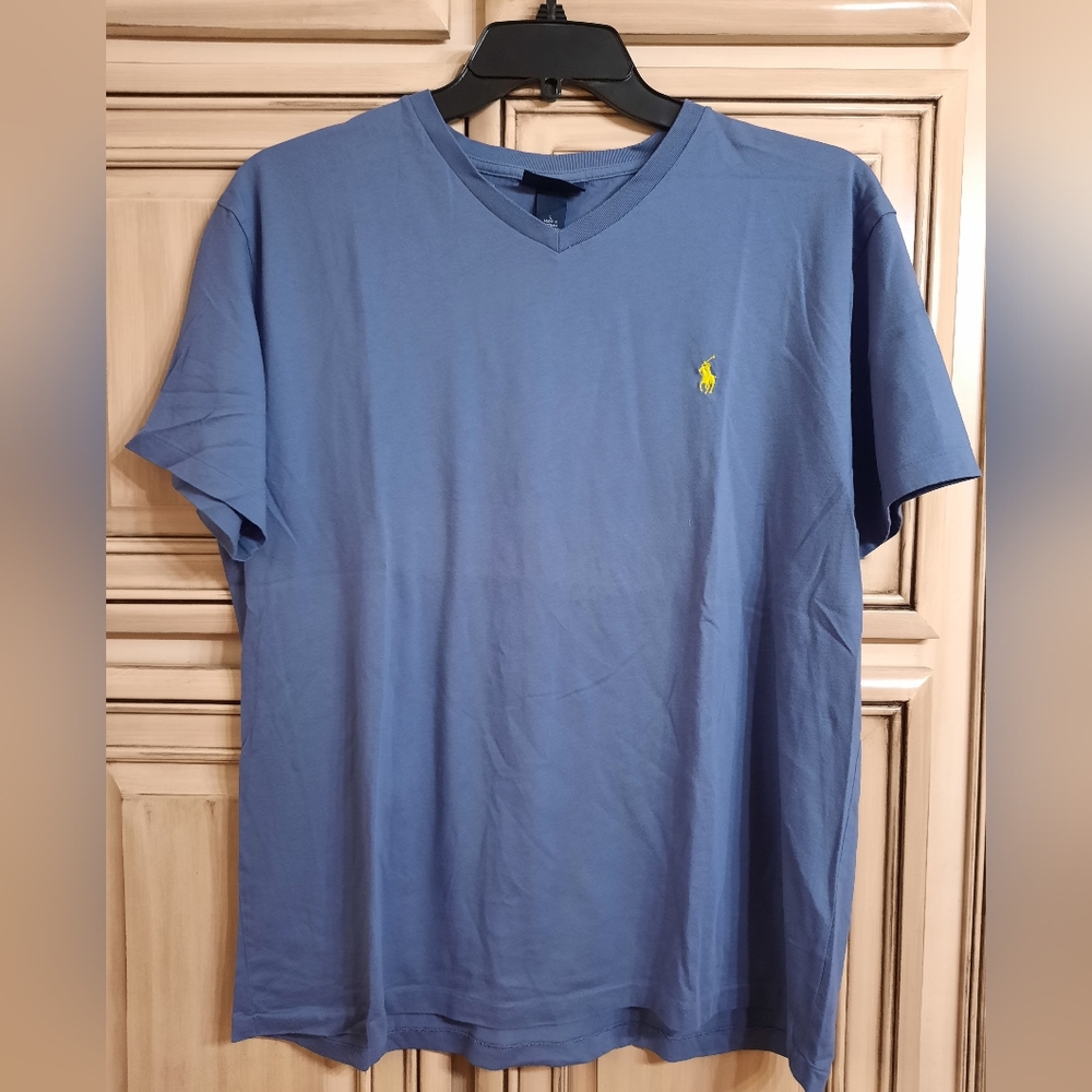 Dusty Blue Classic‎ VNeck Tshirt - Size Large - Yellow Embroidery